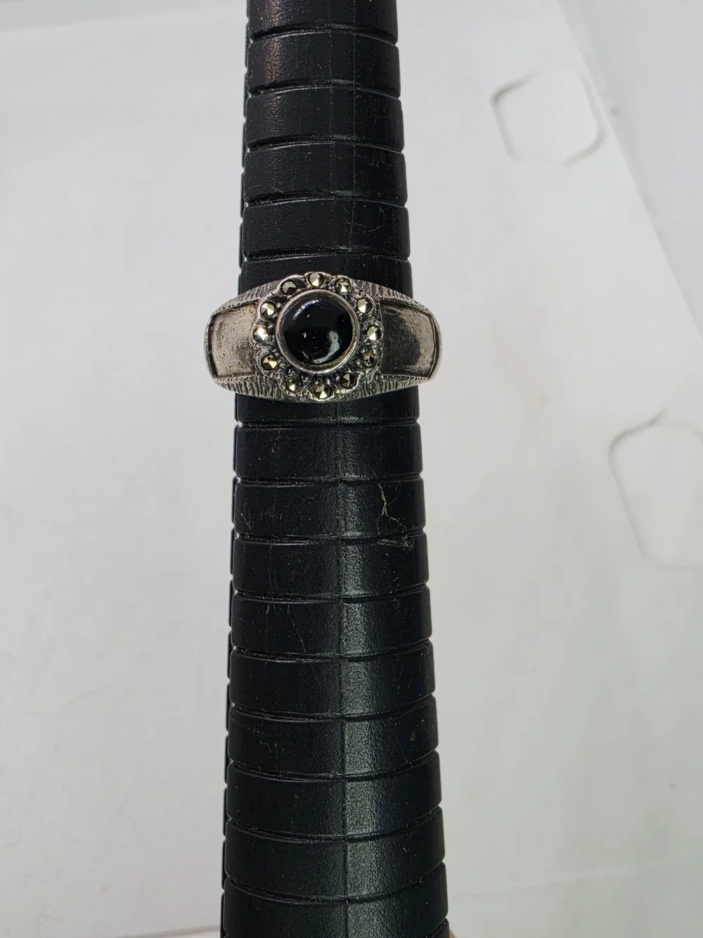 Vintage Black Onyx Marcasite Halo Sterling Silver 925 Western Ring Sz 7
